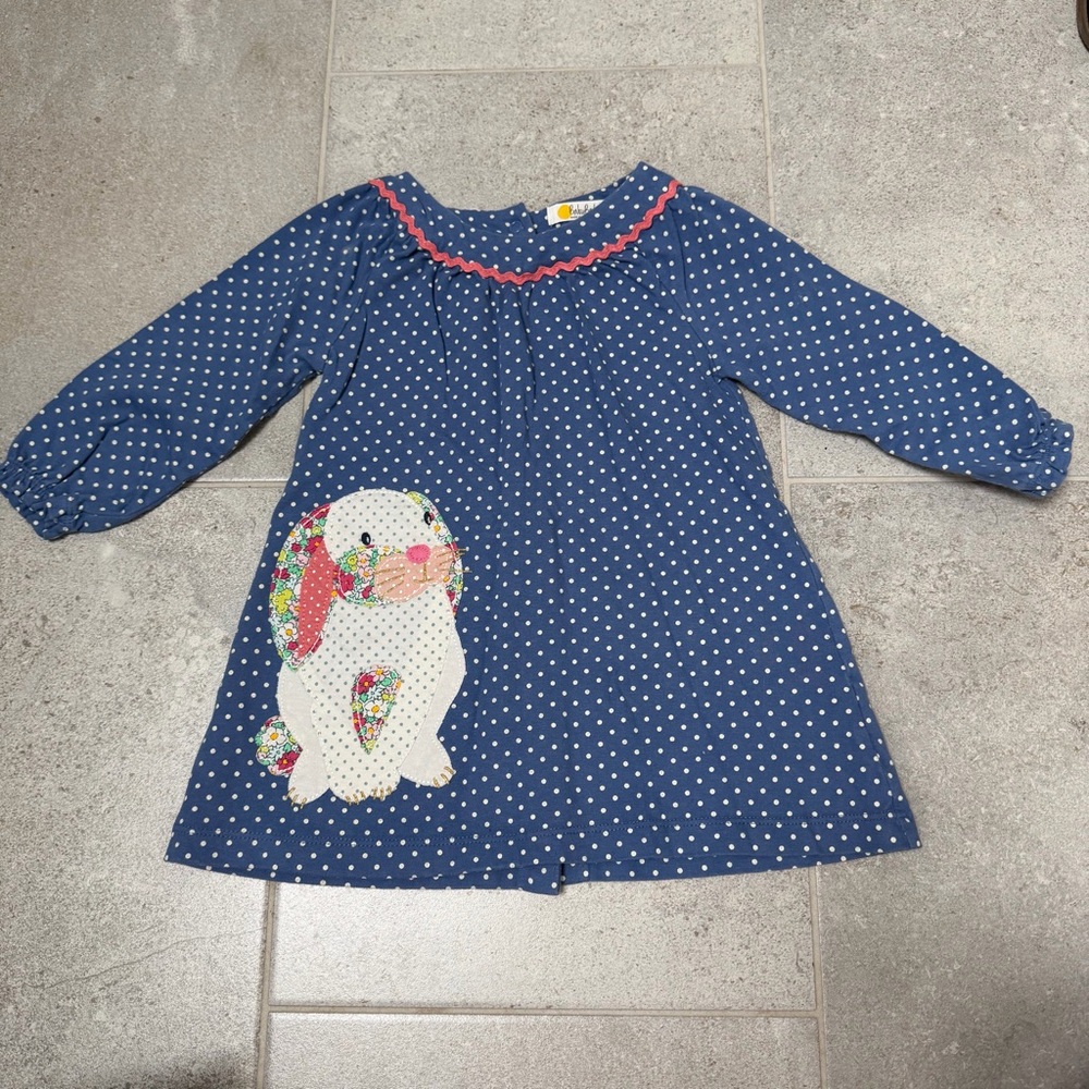 Baby Boden Tunic Dress, Bunny Rabbit appliqué, blue with polka dots